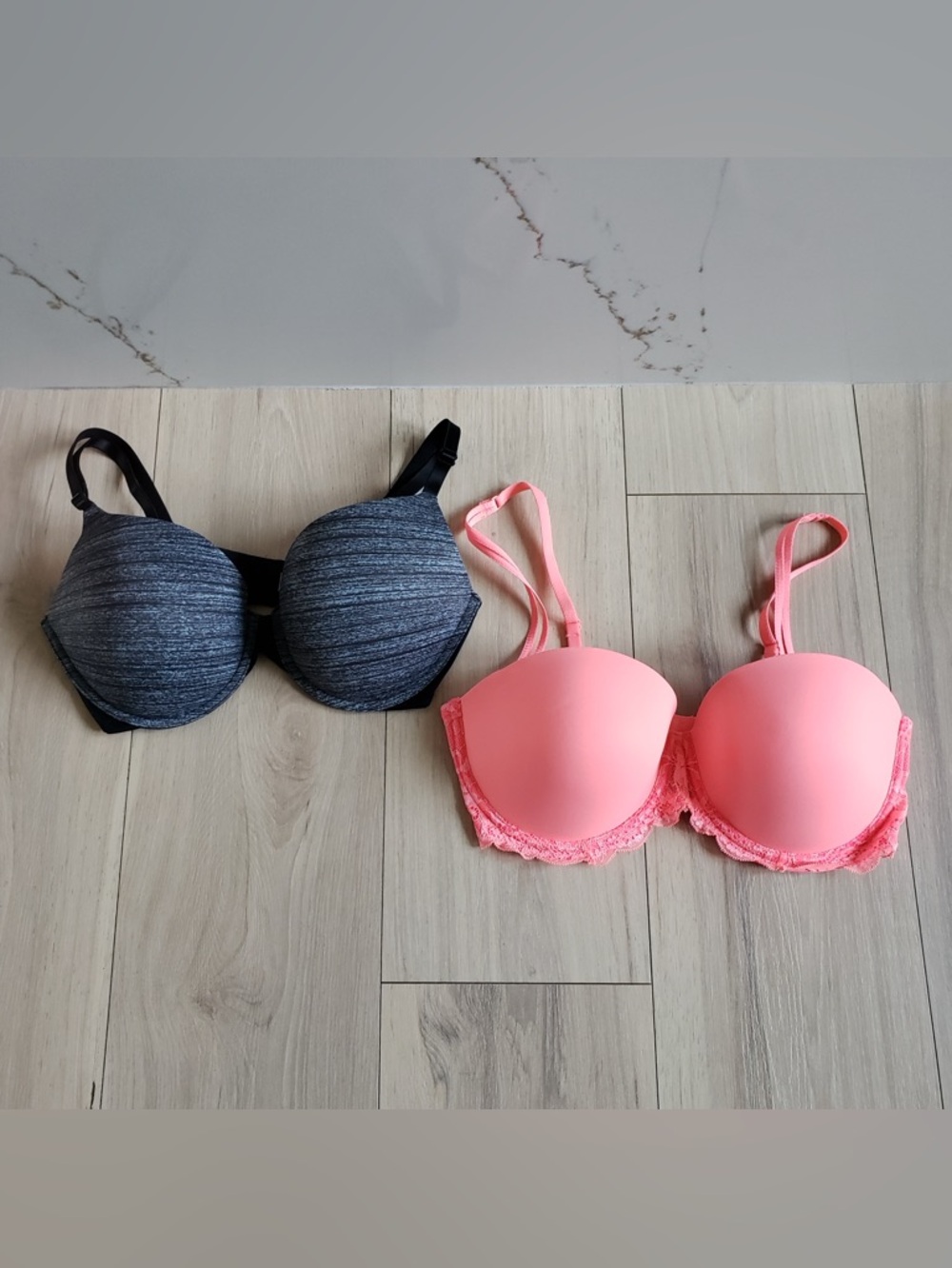 Victoria's Secret Heathered Gray and Coral Pink Push-Up Bra Set